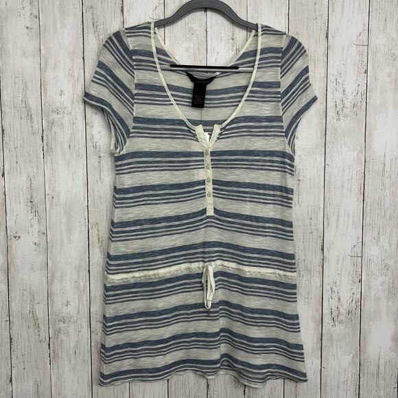 Calvin Klein Blue White Stripe Short Sleeve Lightweight Button Drawstring Shirt - Picture 1 of 8